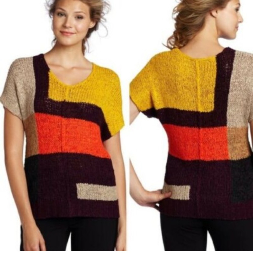 New BCBG MaxAzria Cayden Bordeaux Color Block Thick Knit Retro 90s Sweater M
